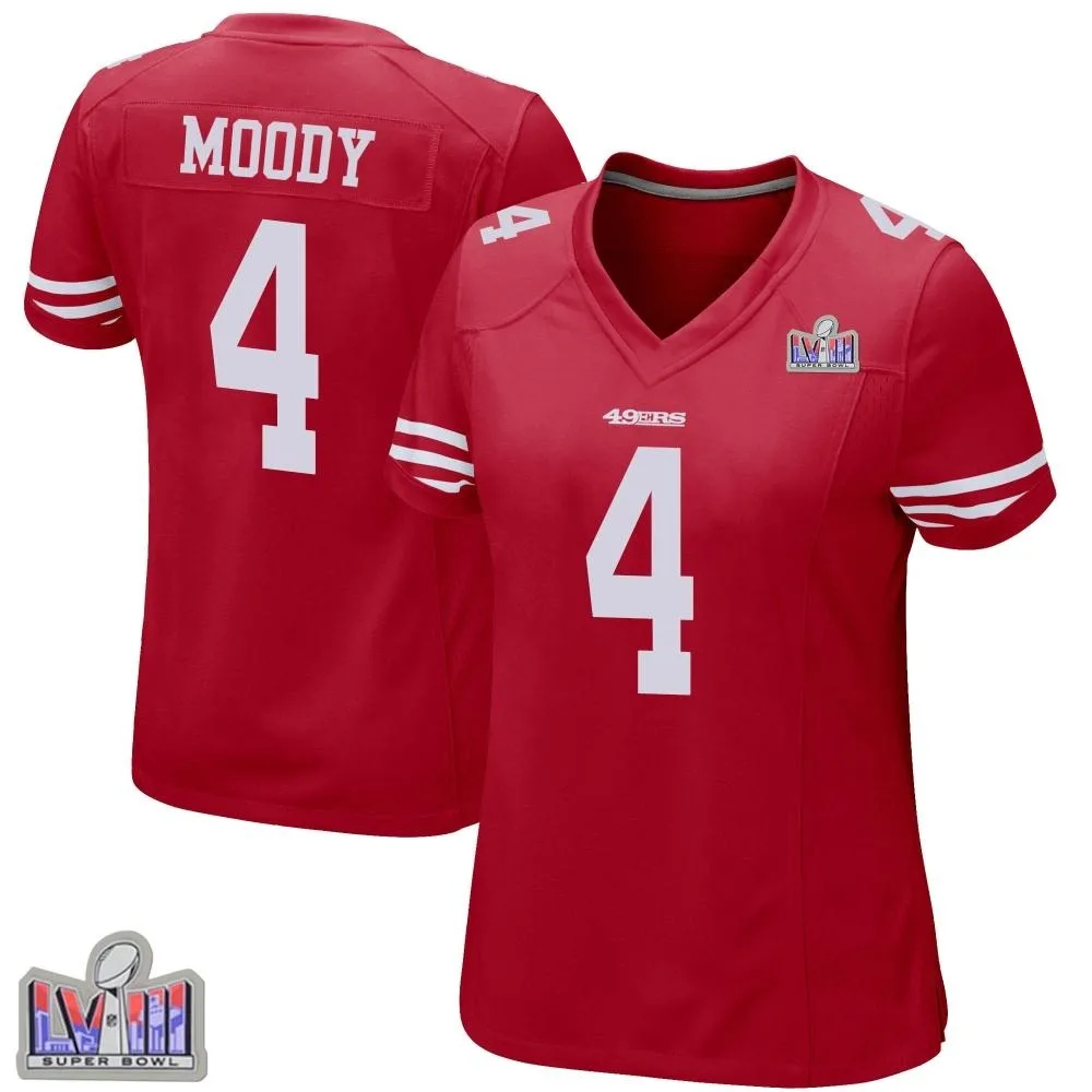Women's San Francisco 49ers Jake Moody Nike Team Color Super Bowl LVIII Patch Game Red Jersey Women's San Francisco 49ers Jake Moody Nike Team Color Super Bowl LVIII Patch Game Red Jersey
