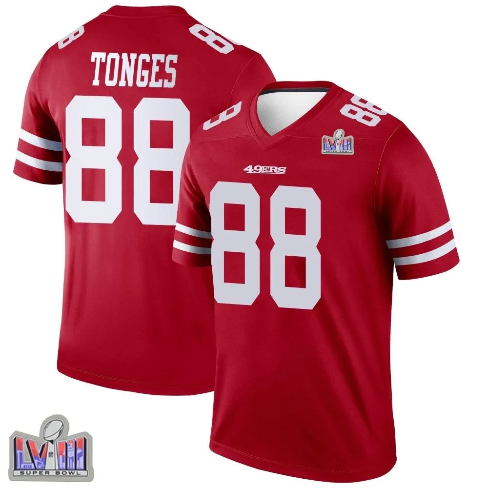 Men's San Francisco 49ers Jake Tonges Nike Super Bowl LVIII Patch Legend Scarlet Jersey Men's San Francisco 49ers Jake Tonges Nike Super Bowl LVIII Patch Legend Scarlet Jersey
