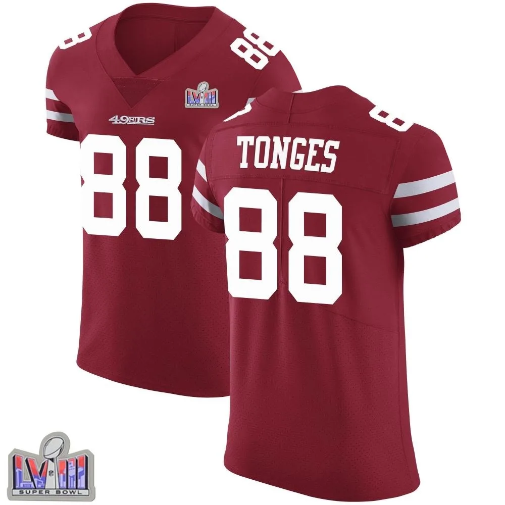 Men's San Francisco 49ers Jake Tonges Nike Team Color Vapor Untouchable Super Bowl LVIII Patch Elite Red Jersey Men's San Francisco 49ers Jake Tonges Nike Team Color Vapor Untouchable Super Bowl LVIII Patch Elite Red Jersey