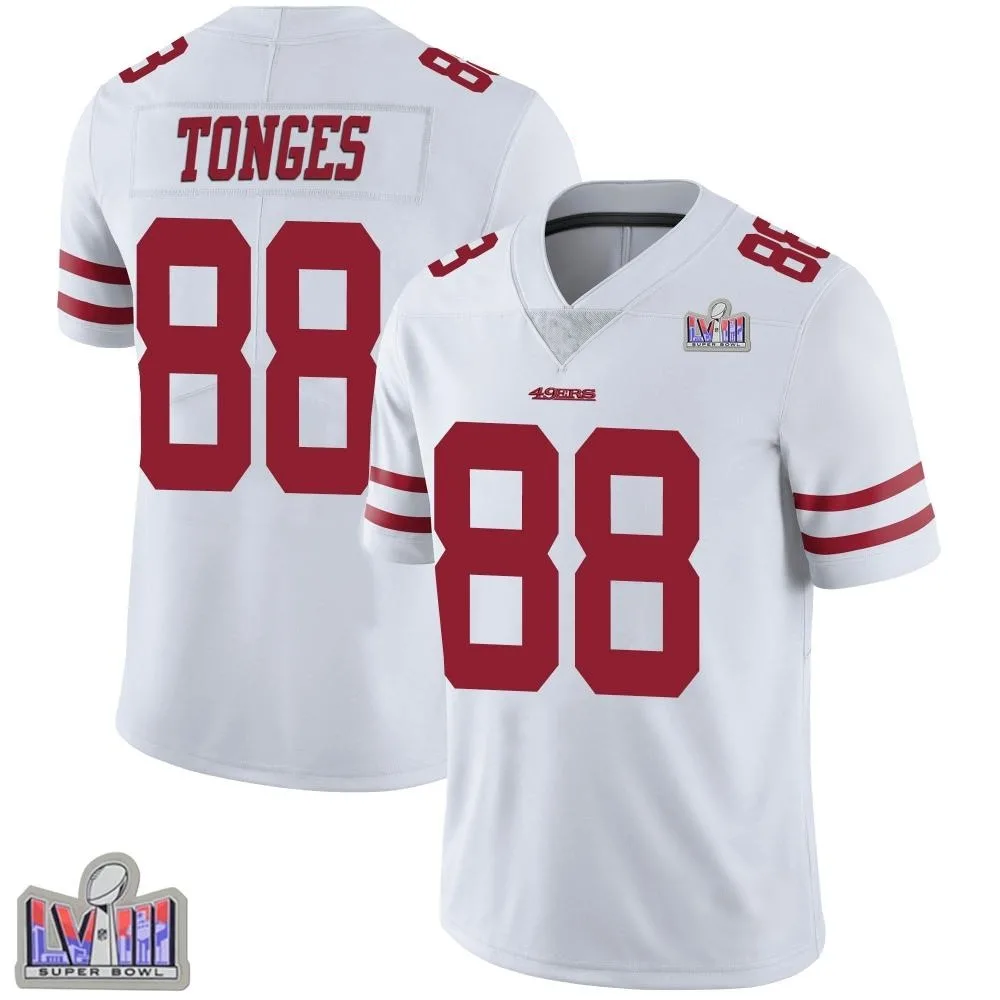 Men's San Francisco 49ers Jake Tonges Nike Vapor Untouchable Super Bowl LVIII Patch Limited White Jersey Men's San Francisco 49ers Jake Tonges Nike Vapor Untouchable Super Bowl LVIII Patch Limited White Jersey