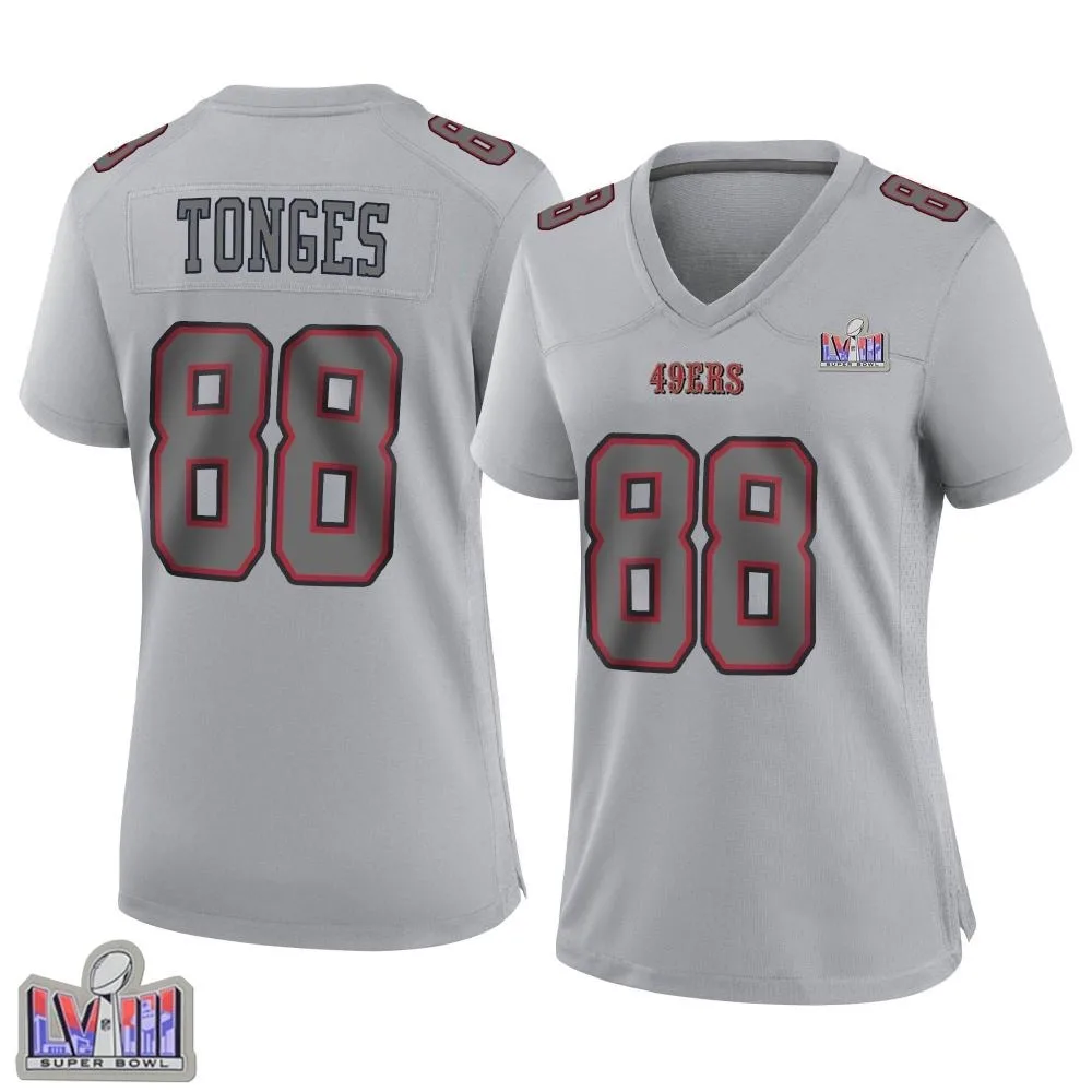 Women's San Francisco 49ers Jake Tonges Nike Atmosphere Fashion Super Bowl LVIII Patch Game Gray Jersey Women's San Francisco 49ers Jake Tonges Nike Atmosphere Fashion Super Bowl LVIII Patch Game Gray Jersey