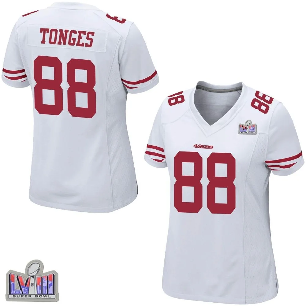 Women's San Francisco 49ers Jake Tonges Nike Super Bowl LVIII Patch Game White Jersey Women's San Francisco 49ers Jake Tonges Nike Super Bowl LVIII Patch Game White Jersey