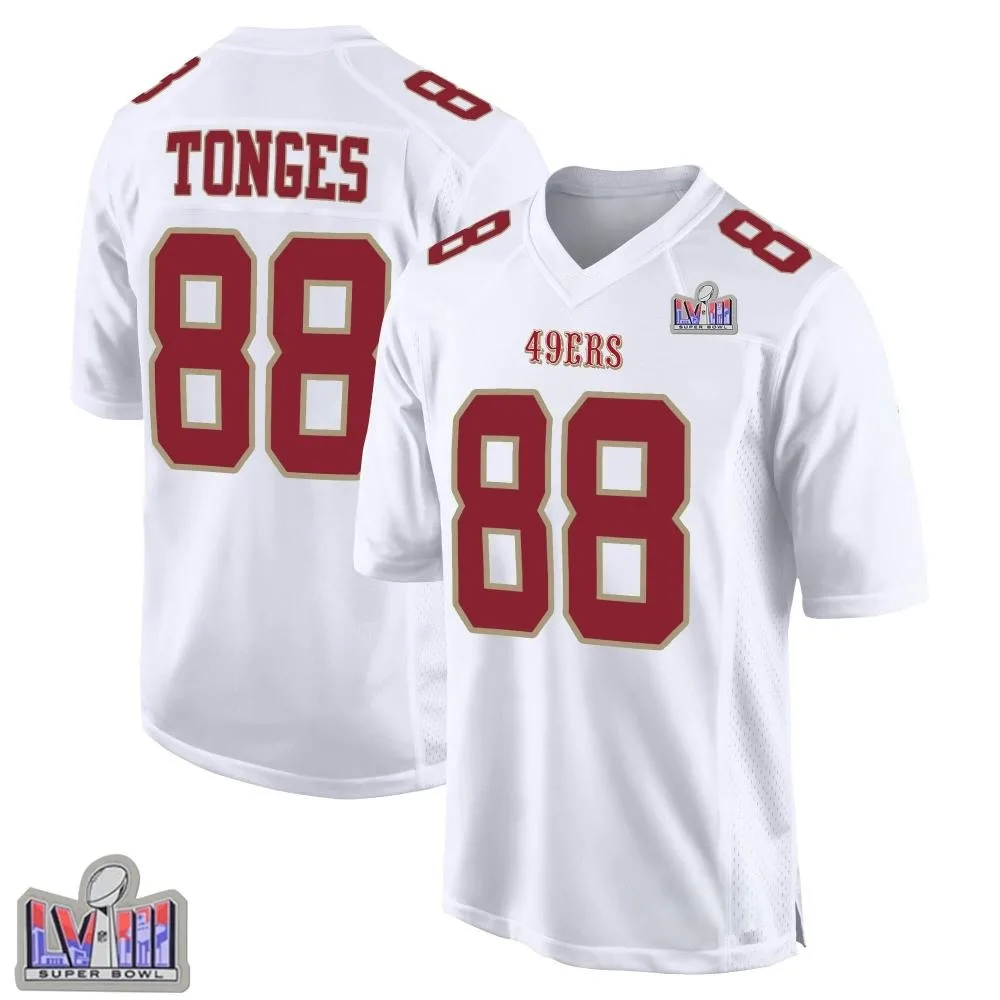 Youth San Francisco 49ers Jake Tonges Nike Fashion Super Bowl LVIII Patch Game White Jersey Youth San Francisco 49ers Jake Tonges Nike Fashion Super Bowl LVIII Patch Game White Jersey
