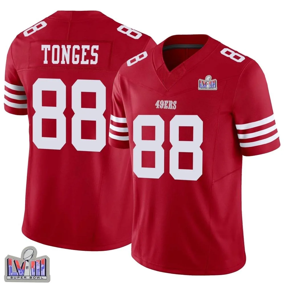 Youth San Francisco 49ers Jake Tonges Nike Vapor F.U.S.E. Super Bowl LVIII Patch Limited Scarlet Jersey Youth San Francisco 49ers Jake Tonges Nike Vapor F.U.S.E. Super Bowl LVIII Patch Limited Scarlet Jersey