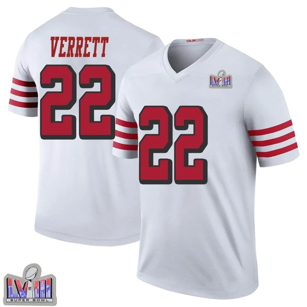 Men's San Francisco 49ers Jason Verrett Nike Color Rush Super Bowl LVIII Patch Legend White Jersey Men's San Francisco 49ers Jason Verrett Nike Color Rush Super Bowl LVIII Patch Legend White Jersey