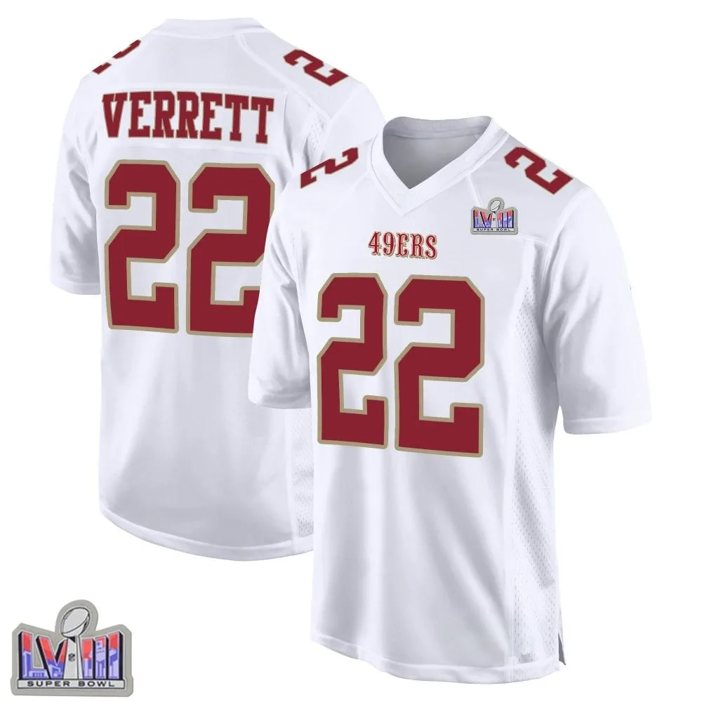 Men's San Francisco 49ers Jason Verrett Nike Fashion Super Bowl LVIII Patch Game White Jersey Men's San Francisco 49ers Jason Verrett Nike Fashion Super Bowl LVIII Patch Game White Jersey