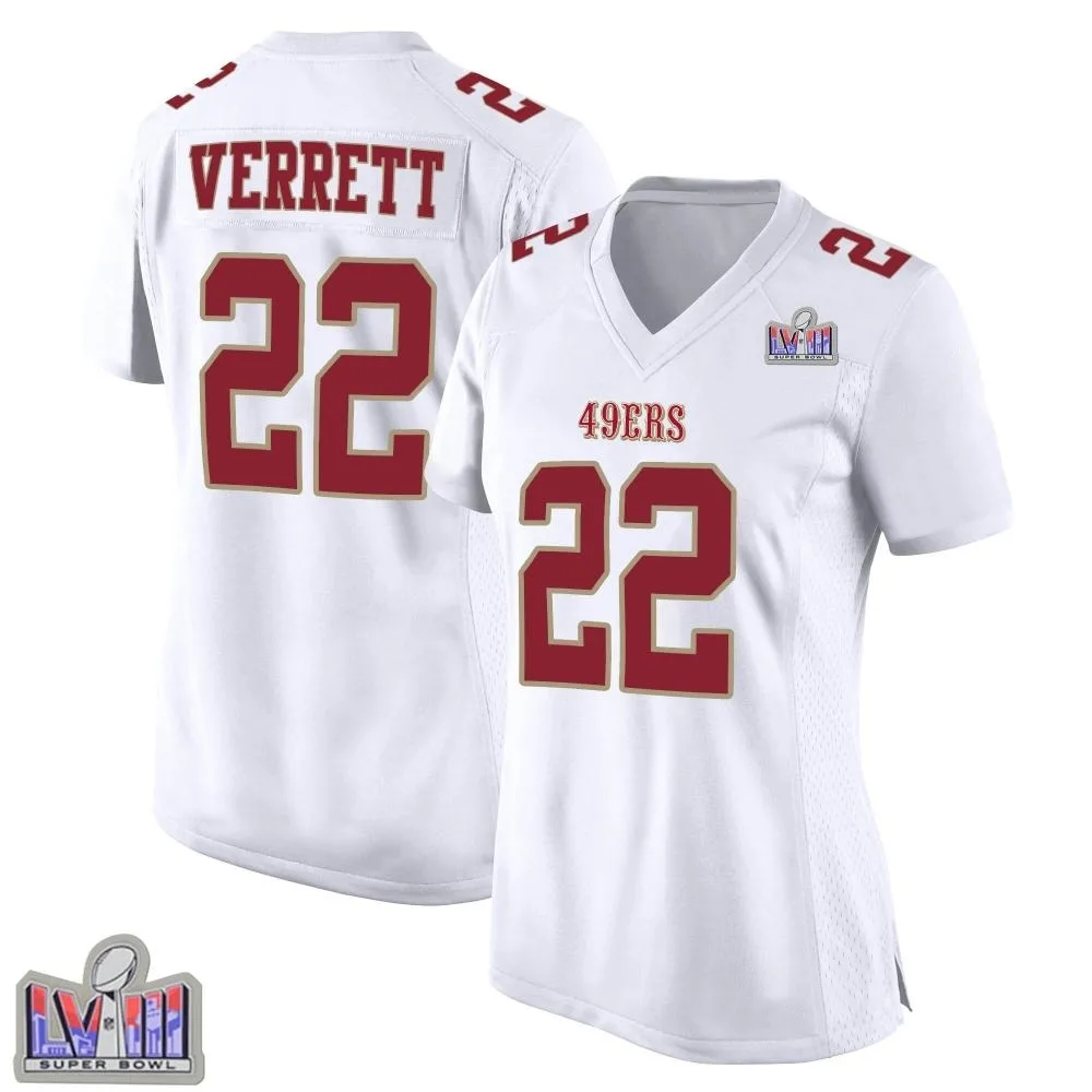 Women's San Francisco 49ers Jason Verrett Nike Fashion Super Bowl LVIII Patch Game White Jersey Women's San Francisco 49ers Jason Verrett Nike Fashion Super Bowl LVIII Patch Game White Jersey