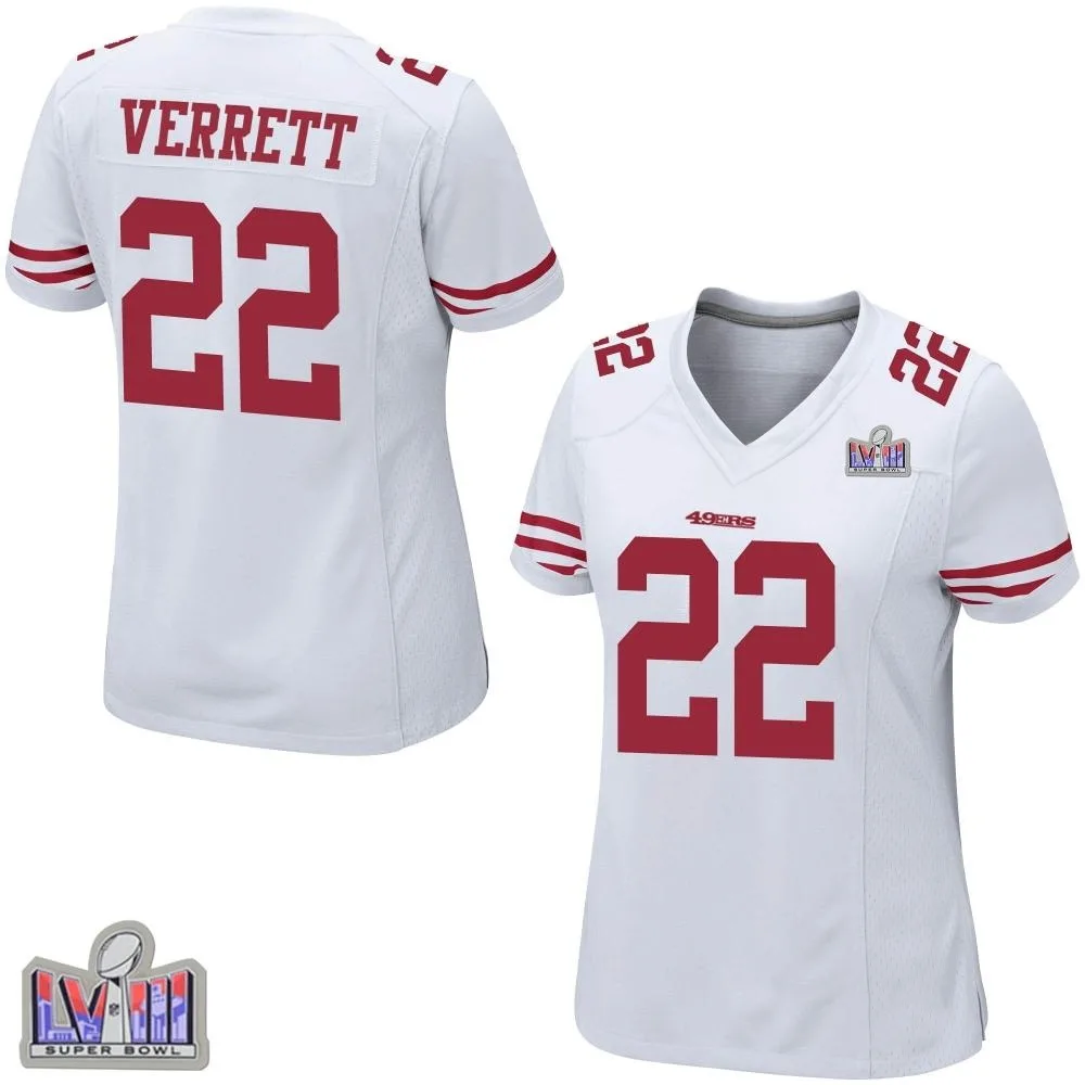 Women's San Francisco 49ers Jason Verrett Nike Super Bowl LVIII Patch Game White Jersey Women's San Francisco 49ers Jason Verrett Nike Super Bowl LVIII Patch Game White Jersey
