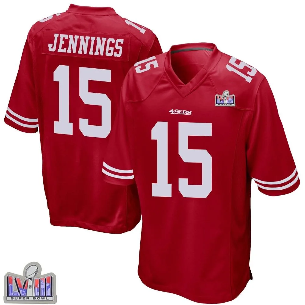 Men's San Francisco 49ers Jauan Jennings Nike Team Color Super Bowl LVIII Patch Game Red Jersey Men's San Francisco 49ers Jauan Jennings Nike Team Color Super Bowl LVIII Patch Game Red Jersey