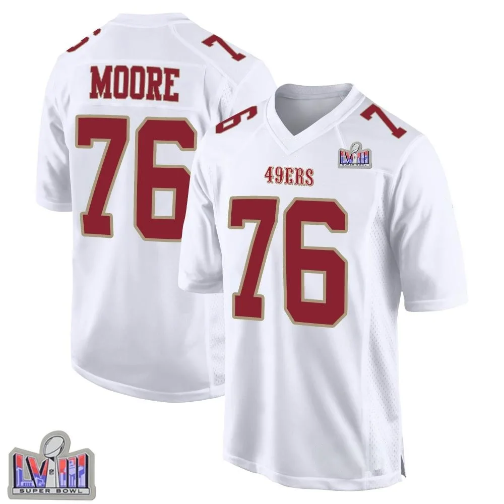 Men's San Francisco 49ers Jaylon Moore Nike Fashion Super Bowl LVIII Patch Game White Jersey Men's San Francisco 49ers Jaylon Moore Nike Fashion Super Bowl LVIII Patch Game White Jersey