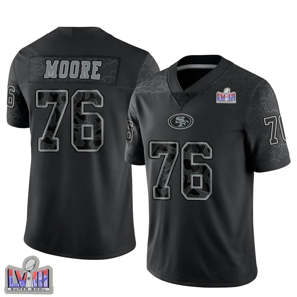 Men's San Francisco 49ers Jaylon Moore Nike Reflective Super Bowl LVIII Patch Limited Black Jersey Men's San Francisco 49ers Jaylon Moore Nike Reflective Super Bowl LVIII Patch Limited Black Jersey