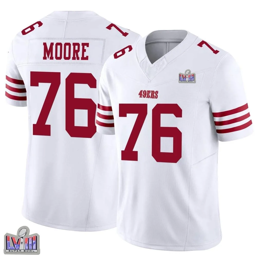 Men's San Francisco 49ers Jaylon Moore Nike Vapor F.U.S.E. Super Bowl LVIII Patch Limited White Jersey Men's San Francisco 49ers Jaylon Moore Nike Vapor F.U.S.E. Super Bowl LVIII Patch Limited White Jersey