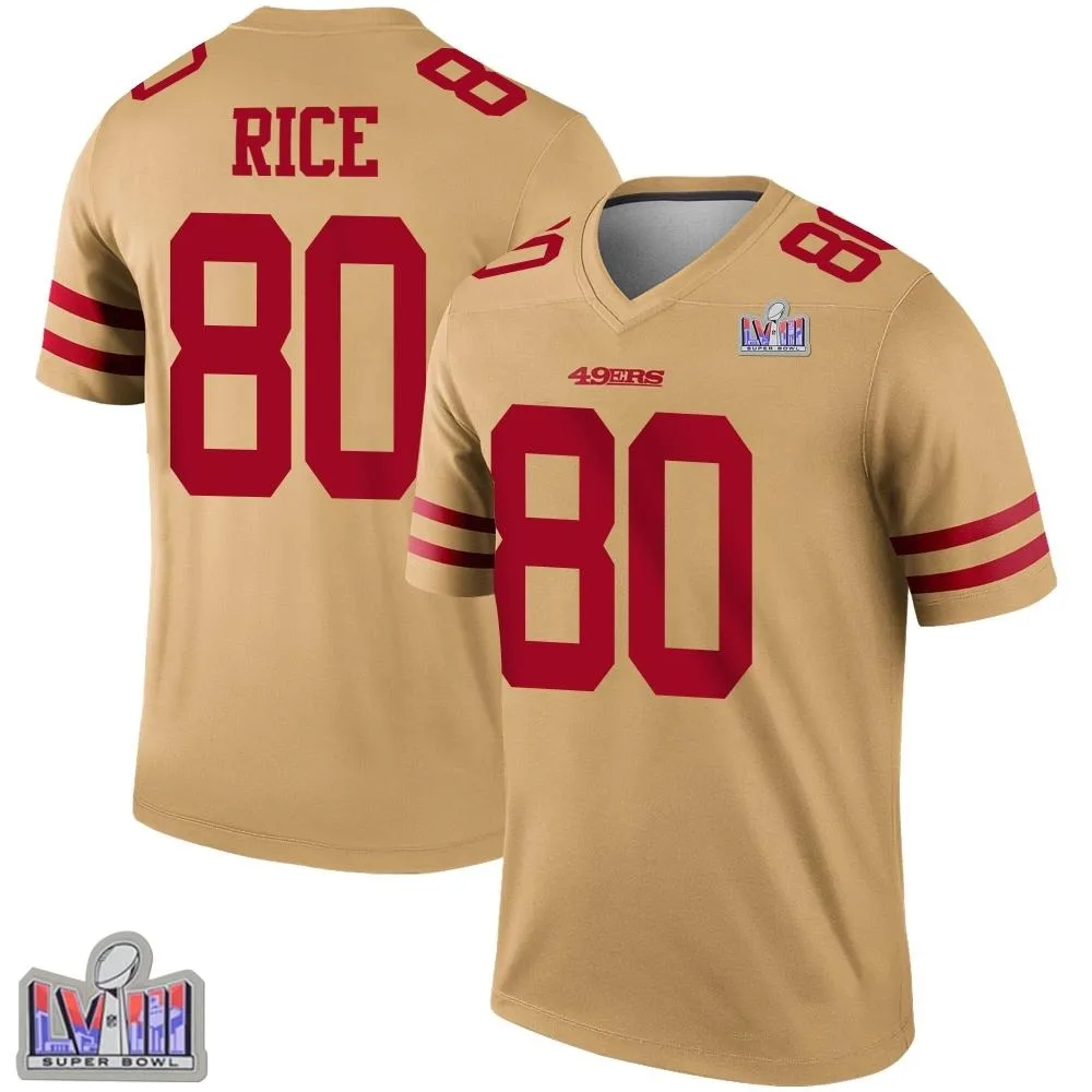 Men's San Francisco 49ers Jerry Rice Nike Inverted Super Bowl LVIII Patch Legend Gold Jersey Men's San Francisco 49ers Jerry Rice Nike Inverted Super Bowl LVIII Patch Legend Gold Jersey