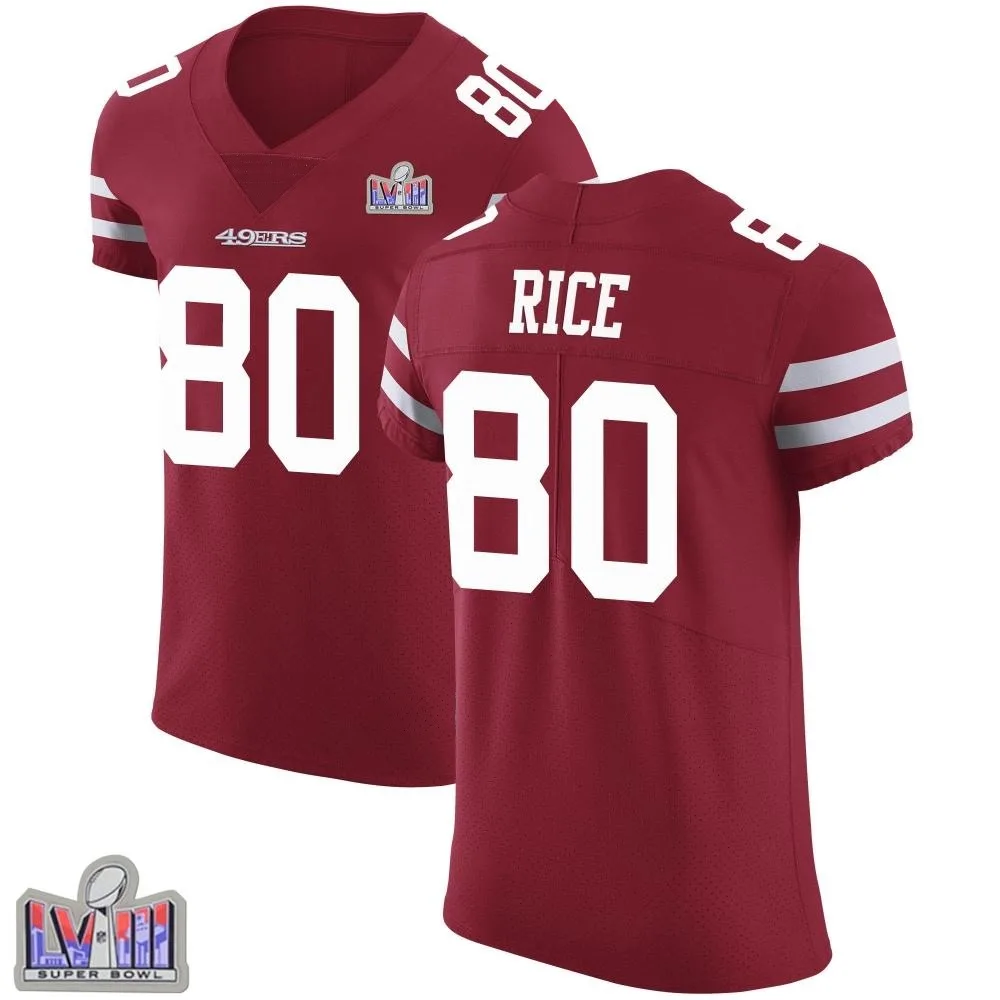 Men's San Francisco 49ers Jerry Rice Nike Team Color Vapor Untouchable Super Bowl LVIII Patch Elite Red Jersey Men's San Francisco 49ers Jerry Rice Nike Team Color Vapor Untouchable Super Bowl LVIII Patch Elite Red Jersey