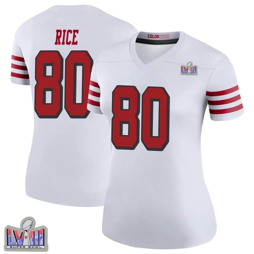 Women's San Francisco 49ers Jerry Rice Nike Color Rush Super Bowl LVIII Patch Legend White Jersey Women's San Francisco 49ers Jerry Rice Nike Color Rush Super Bowl LVIII Patch Legend White Jersey