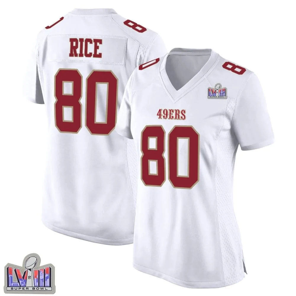 Women's San Francisco 49ers Jerry Rice Nike Fashion Super Bowl LVIII Patch Game White Jersey Women's San Francisco 49ers Jerry Rice Nike Fashion Super Bowl LVIII Patch Game White Jersey