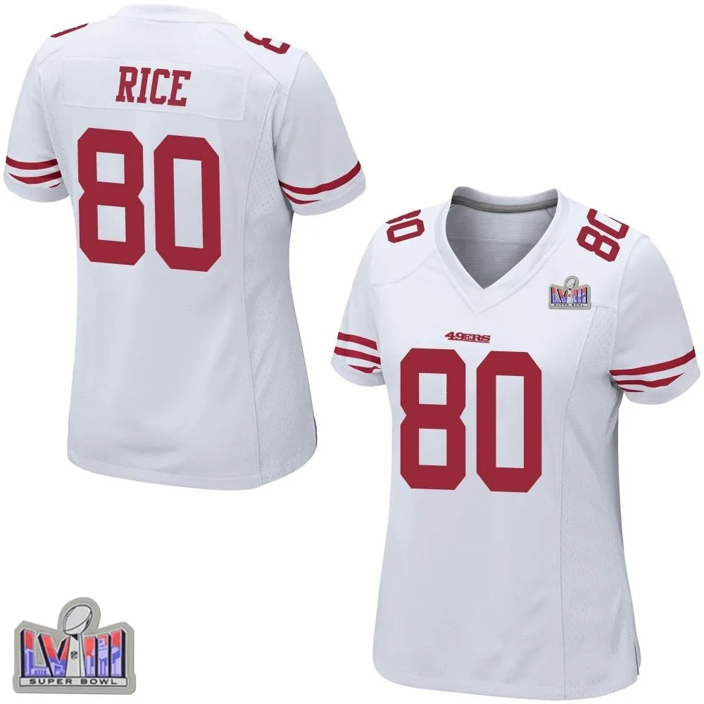 Women's San Francisco 49ers Jerry Rice Nike Super Bowl LVIII Patch Game White Jersey Women's San Francisco 49ers Jerry Rice Nike Super Bowl LVIII Patch Game White Jersey
