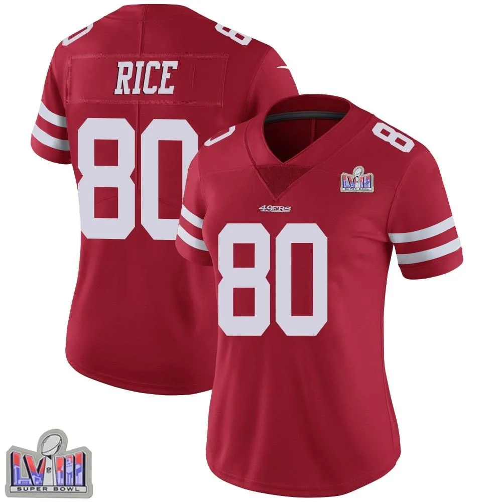 Women's San Francisco 49ers Jerry Rice Nike Team Color Vapor Untouchable Super Bowl LVIII Patch Limited Red Jersey Women's San Francisco 49ers Jerry Rice Nike Team Color Vapor Untouchable Super Bowl LVIII Patch Limited Red Jersey