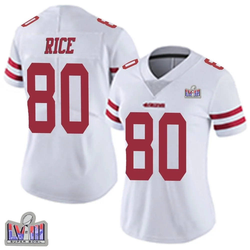 Women's San Francisco 49ers Jerry Rice Nike Vapor Untouchable Super Bowl LVIII Patch Limited White Jersey Women's San Francisco 49ers Jerry Rice Nike Vapor Untouchable Super Bowl LVIII Patch Limited White Jersey