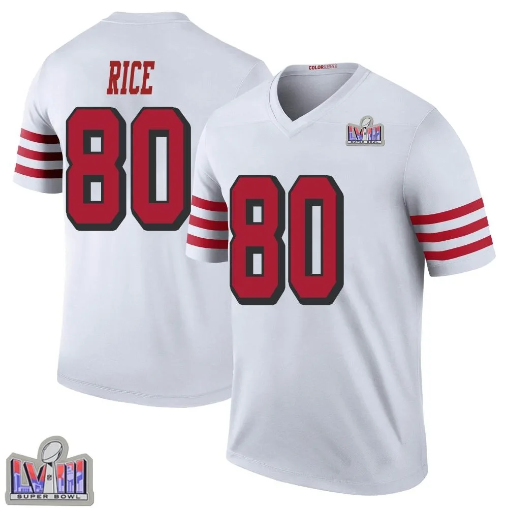 Youth San Francisco 49ers Jerry Rice Nike Color Rush Super Bowl LVIII Patch Legend White Jersey Youth San Francisco 49ers Jerry Rice Nike Color Rush Super Bowl LVIII Patch Legend White Jersey
