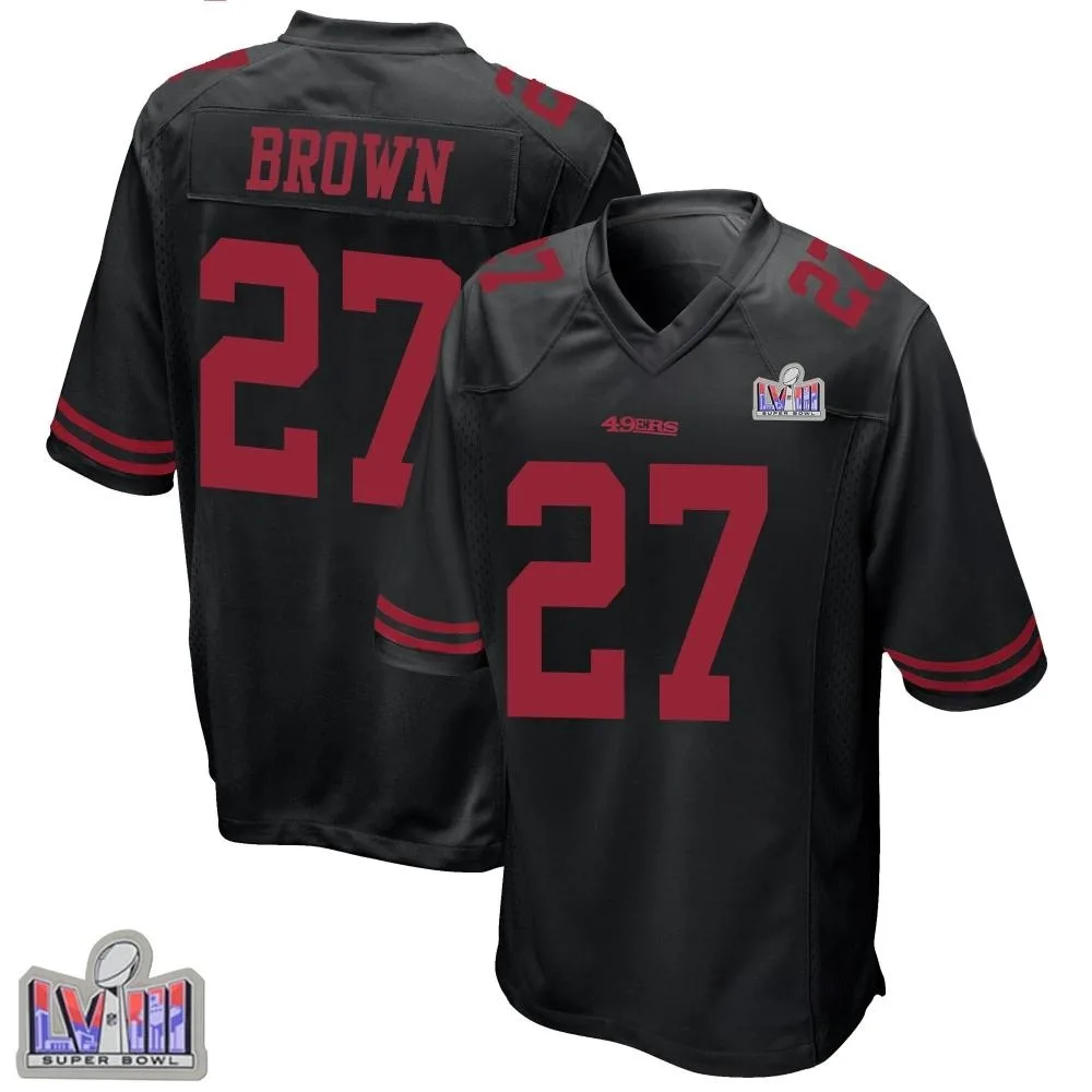 Men's San Francisco 49ers Ji'ayir Brown Nike Alternate Super Bowl LVIII Patch Game Black Jersey Men's San Francisco 49ers Ji'ayir Brown Nike Alternate Super Bowl LVIII Patch Game Black Jersey
