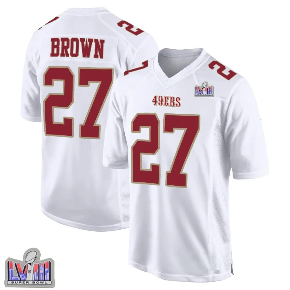 Men's San Francisco 49ers Ji'ayir Brown Nike Fashion Super Bowl LVIII Patch Game White Jersey Men's San Francisco 49ers Ji'ayir Brown Nike Fashion Super Bowl LVIII Patch Game White Jersey