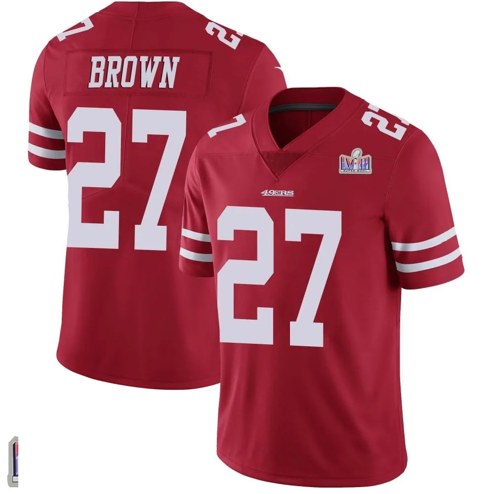 Men's San Francisco 49ers Ji'ayir Brown Nike Team Color Vapor Untouchable Super Bowl LVIII Patch Limited Red Jersey Men's San Francisco 49ers Ji'ayir Brown Nike Team Color Vapor Untouchable Super Bowl LVIII Patch Limited Red Jersey