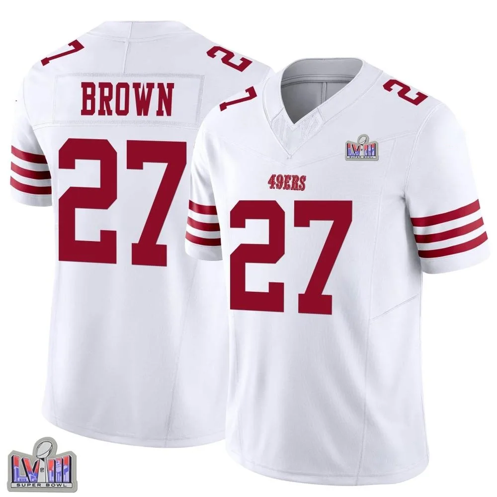 Men's San Francisco 49ers Ji'ayir Brown Nike Vapor F.U.S.E. Super Bowl LVIII Patch Limited White Jersey Men's San Francisco 49ers Ji'ayir Brown Nike Vapor F.U.S.E. Super Bowl LVIII Patch Limited White Jersey