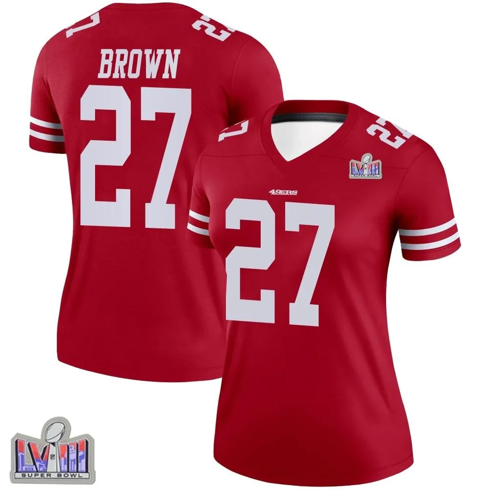 Women's San Francisco 49ers Ji'ayir Brown Nike Super Bowl LVIII Patch Legend Scarlet Jersey Women's San Francisco 49ers Ji'ayir Brown Nike Super Bowl LVIII Patch Legend Scarlet Jersey