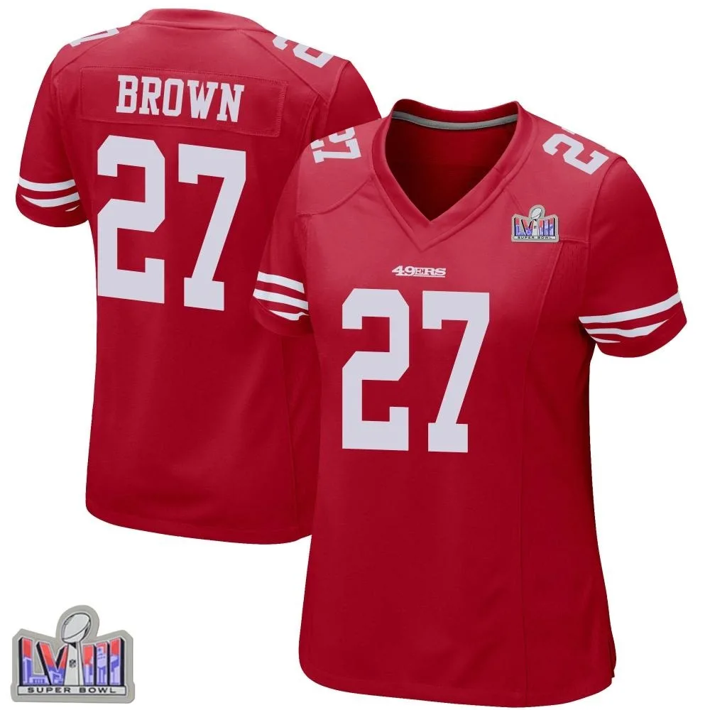 Women's San Francisco 49ers Ji'ayir Brown Nike Team Color Super Bowl LVIII Patch Game Red Jersey Women's San Francisco 49ers Ji'ayir Brown Nike Team Color Super Bowl LVIII Patch Game Red Jersey