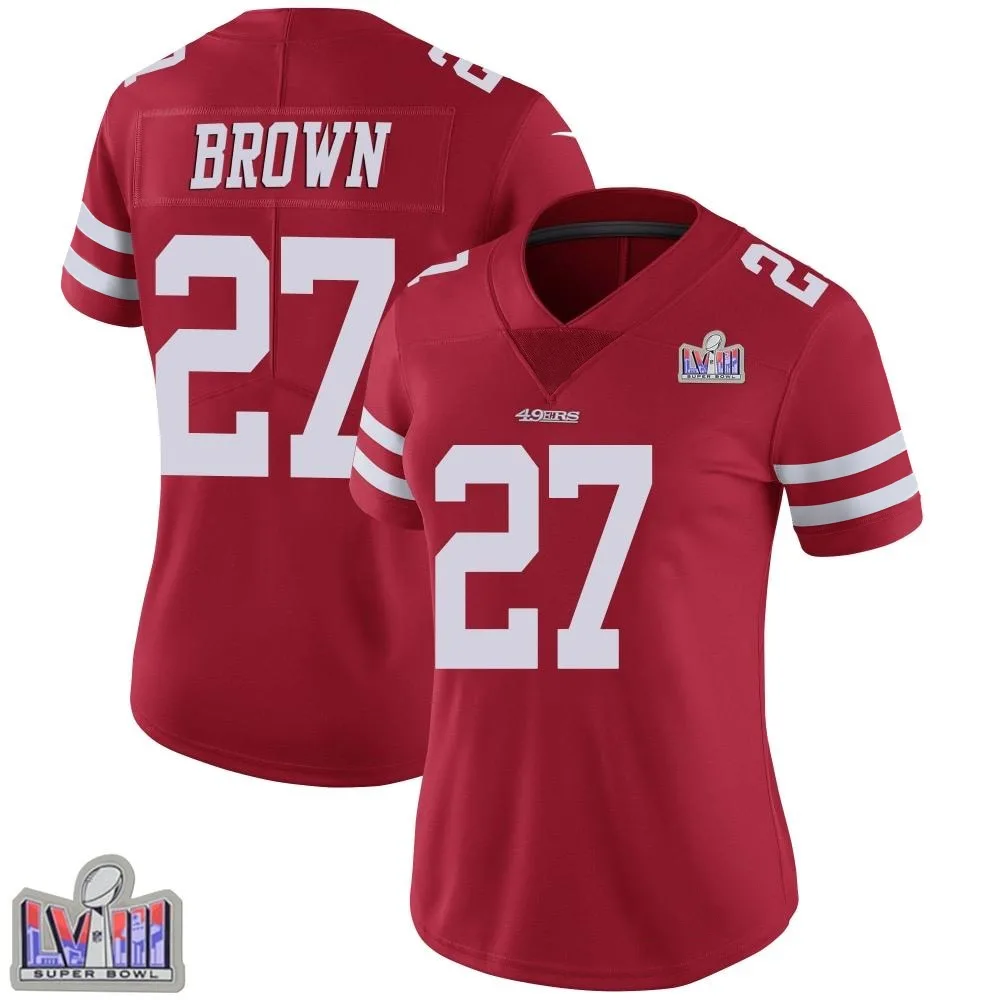 Women's San Francisco 49ers Ji'ayir Brown Nike Team Color Vapor Untouchable Super Bowl LVIII Patch Limited Red Jersey Women's San Francisco 49ers Ji'ayir Brown Nike Team Color Vapor Untouchable Super Bowl LVIII Patch Limited Red Jersey
