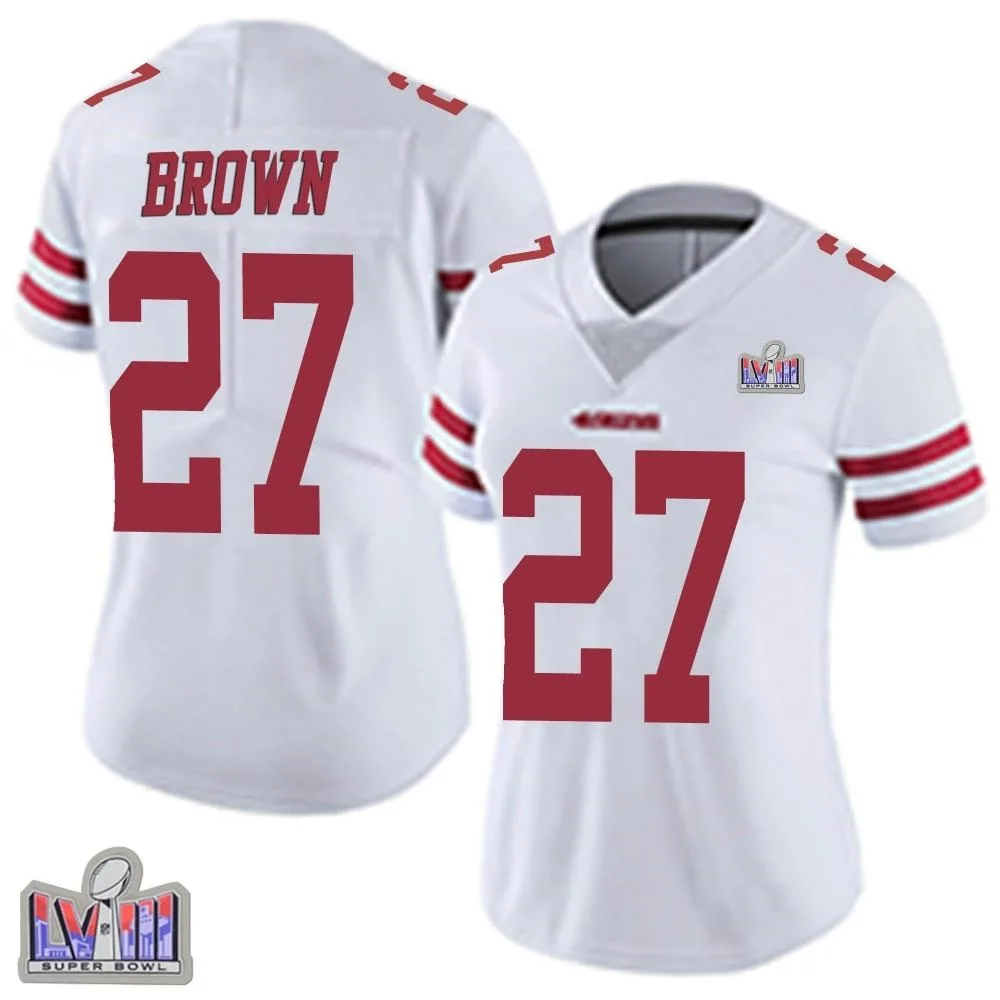 Women's San Francisco 49ers Ji'ayir Brown Nike Vapor Untouchable Super Bowl LVIII Patch Limited White Jersey Women's San Francisco 49ers Ji'ayir Brown Nike Vapor Untouchable Super Bowl LVIII Patch Limited White Jersey