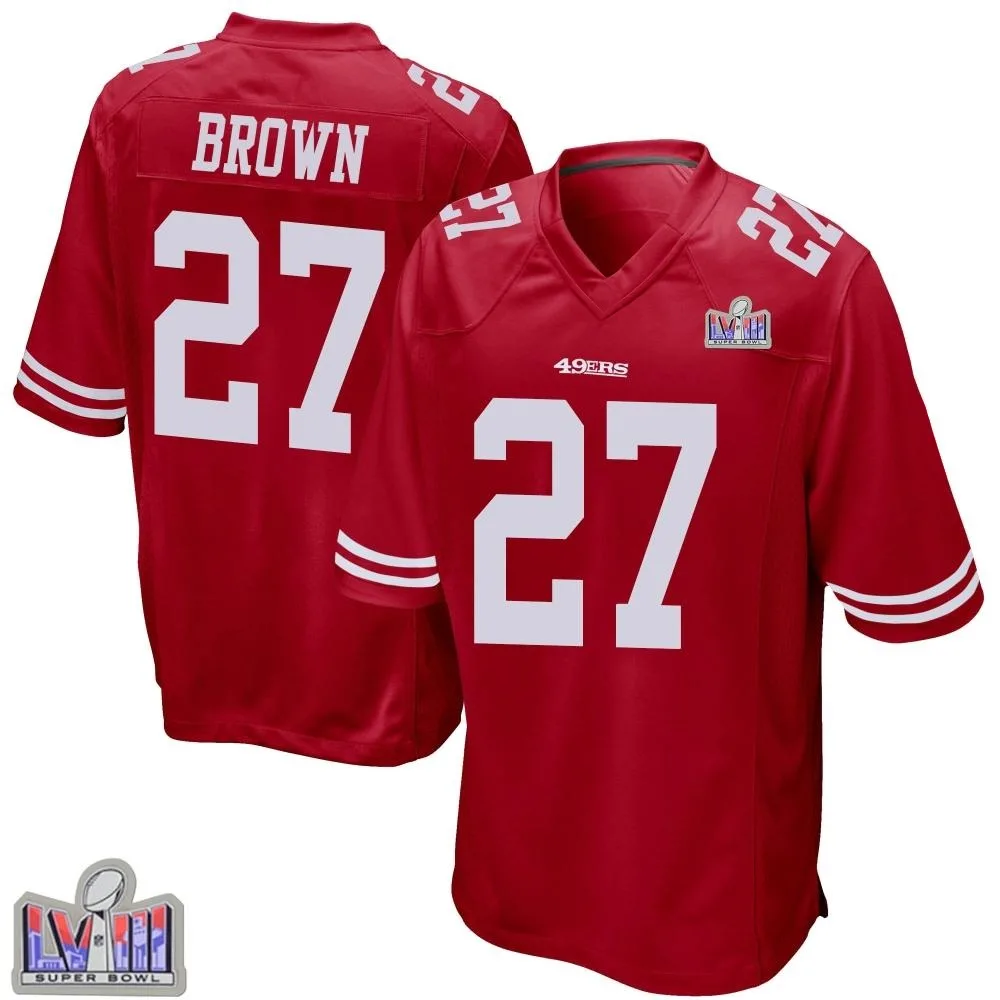 Youth San Francisco 49ers Ji'ayir Brown Nike Team Color Super Bowl LVIII Patch Game Red Jersey Youth San Francisco 49ers Ji'ayir Brown Nike Team Color Super Bowl LVIII Patch Game Red Jersey
