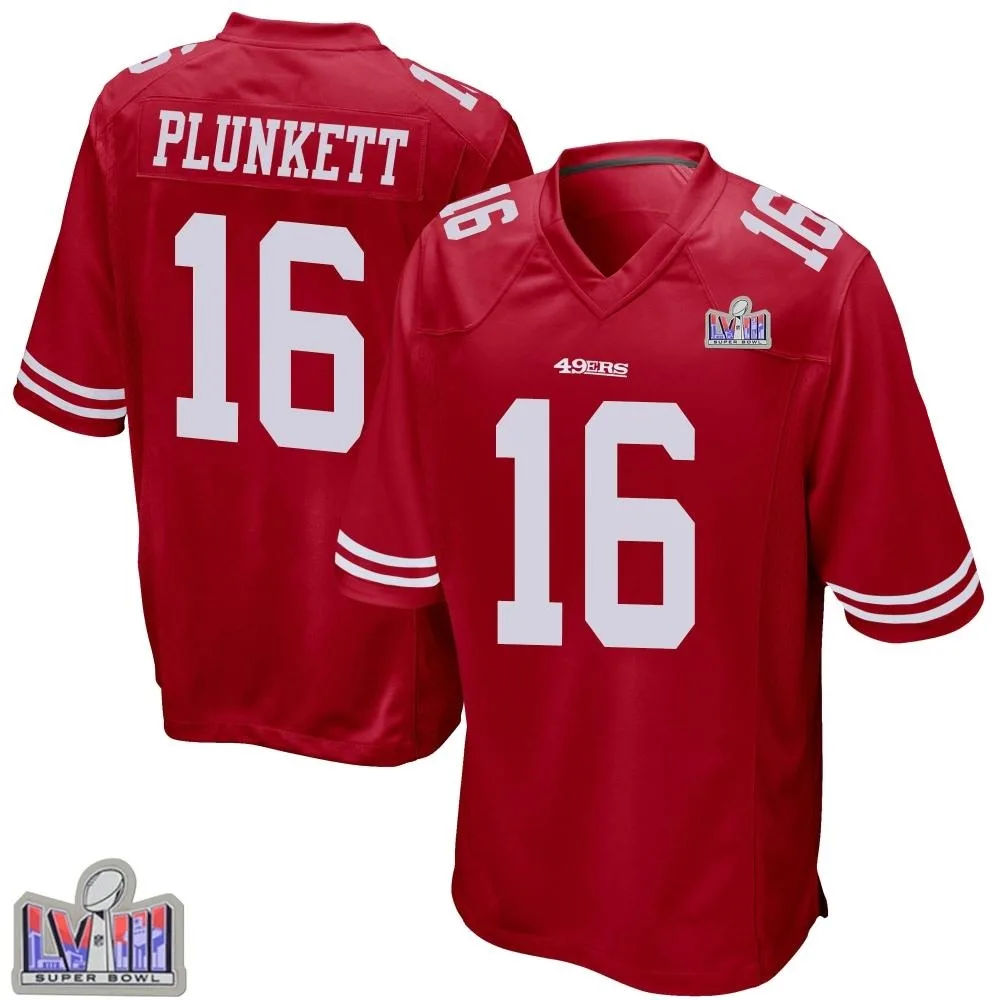 Men's San Francisco 49ers Jim Plunkett Nike Team Color Super Bowl LVIII Patch Game Red Jersey Men's San Francisco 49ers Jim Plunkett Nike Team Color Super Bowl LVIII Patch Game Red Jersey