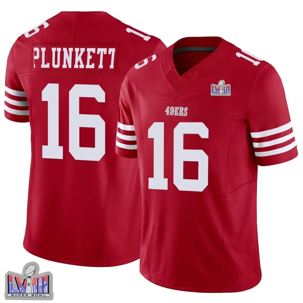 Men's San Francisco 49ers Jim Plunkett Nike Vapor F.U.S.E. Super Bowl LVIII Patch Limited Scarlet Jersey Men's San Francisco 49ers Jim Plunkett Nike Vapor F.U.S.E. Super Bowl LVIII Patch Limited Scarlet Jersey