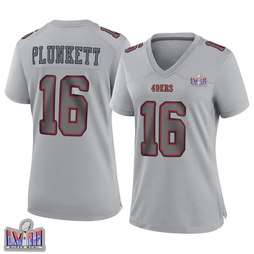 Women's San Francisco 49ers Jim Plunkett Nike Atmosphere Fashion Super Bowl LVIII Patch Game Gray Jersey Women's San Francisco 49ers Jim Plunkett Nike Atmosphere Fashion Super Bowl LVIII Patch Game Gray Jersey