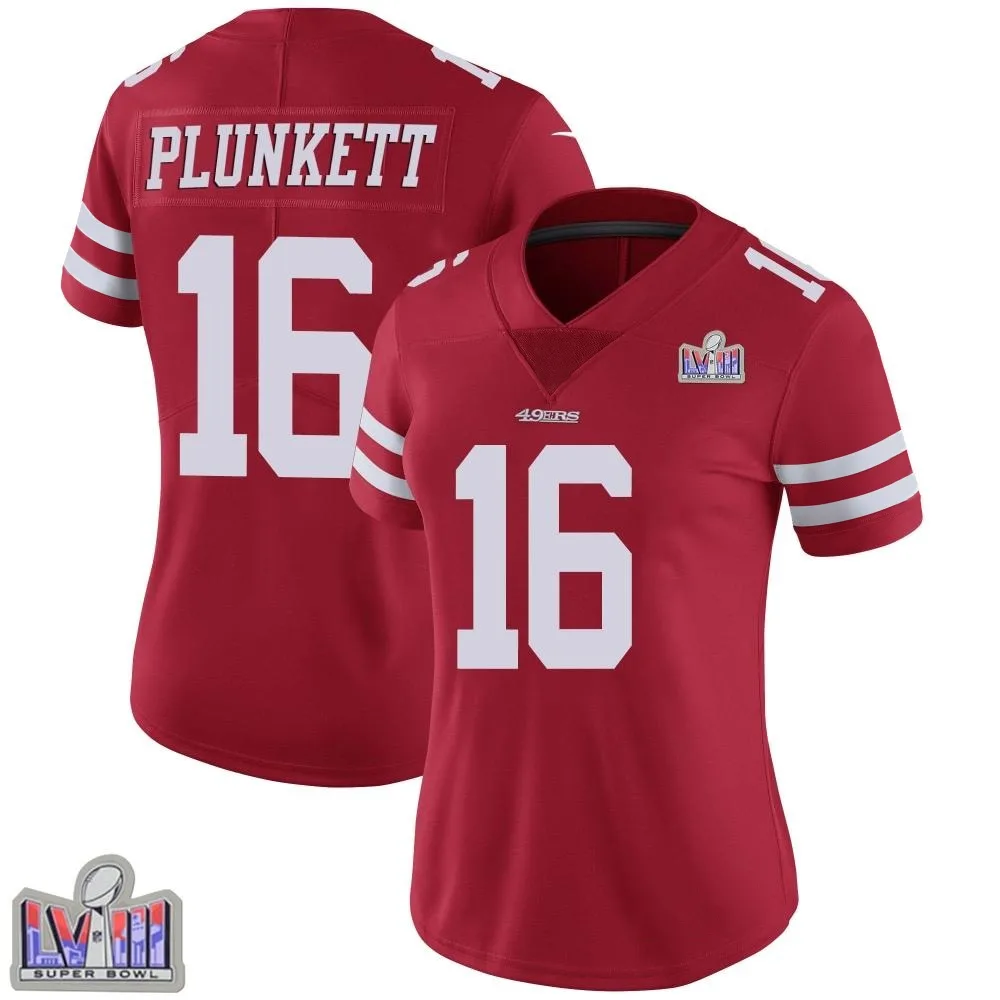 Women's San Francisco 49ers Jim Plunkett Nike Team Color Vapor Untouchable Super Bowl LVIII Patch Limited Red Jersey Women's San Francisco 49ers Jim Plunkett Nike Team Color Vapor Untouchable Super Bowl LVIII Patch Limited Red Jersey