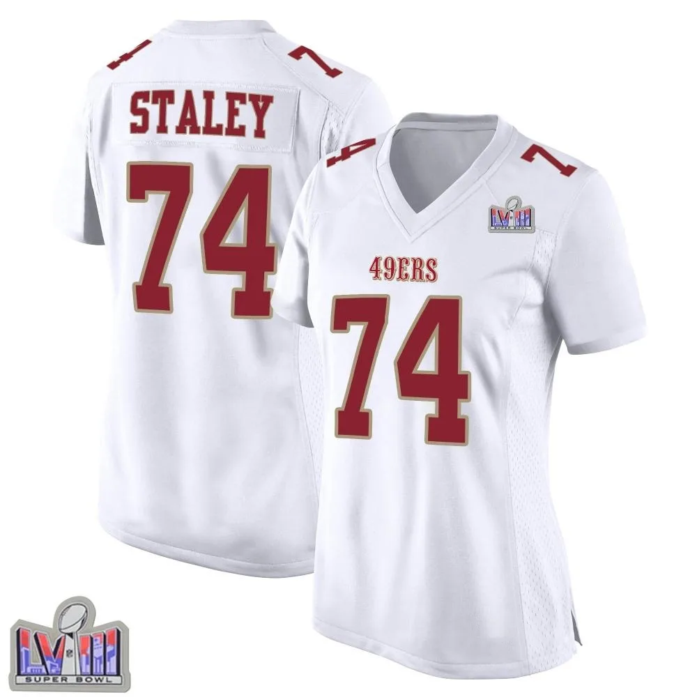Women's San Francisco 49ers Joe Staley Nike Fashion Super Bowl LVIII Patch Game White Jersey Women's San Francisco 49ers Joe Staley Nike Fashion Super Bowl LVIII Patch Game White Jersey