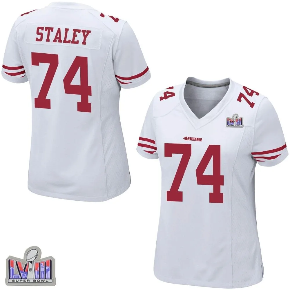 Women's San Francisco 49ers Joe Staley Nike Super Bowl LVIII Patch Game White Jersey Women's San Francisco 49ers Joe Staley Nike Super Bowl LVIII Patch Game White Jersey