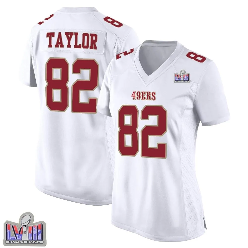 Women's San Francisco 49ers John Taylor Nike Fashion Super Bowl LVIII Patch Game White Jersey Women's San Francisco 49ers John Taylor Nike Fashion Super Bowl LVIII Patch Game White Jersey