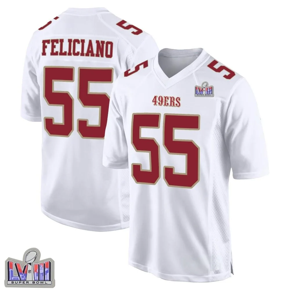 Men's San Francisco 49ers Jon Feliciano Nike Fashion Super Bowl LVIII Patch Game White Jersey Men's San Francisco 49ers Jon Feliciano Nike Fashion Super Bowl LVIII Patch Game White Jersey