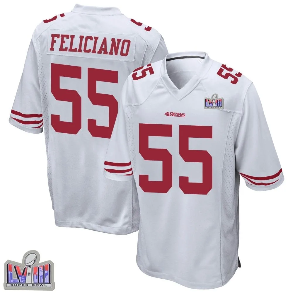 Men's San Francisco 49ers Jon Feliciano Nike Super Bowl LVIII Patch Game White Jersey Men's San Francisco 49ers Jon Feliciano Nike Super Bowl LVIII Patch Game White Jersey