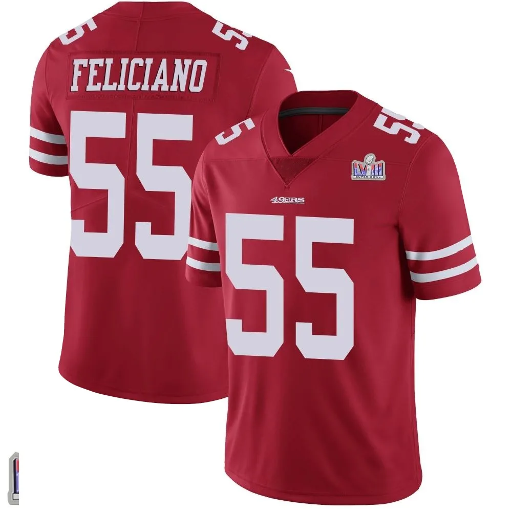 Men's San Francisco 49ers Jon Feliciano Nike Team Color Vapor Untouchable Super Bowl LVIII Patch Limited Red Jersey Men's San Francisco 49ers Jon Feliciano Nike Team Color Vapor Untouchable Super Bowl LVIII Patch Limited Red Jersey