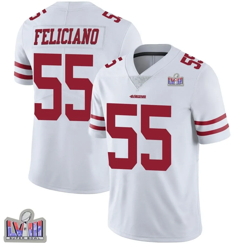 Men's San Francisco 49ers Jon Feliciano Nike Vapor Untouchable Super Bowl LVIII Patch Limited White Jersey Men's San Francisco 49ers Jon Feliciano Nike Vapor Untouchable Super Bowl LVIII Patch Limited White Jersey