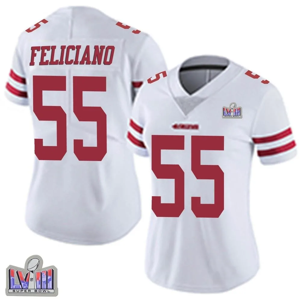 Women's San Francisco 49ers Jon Feliciano Nike Vapor Untouchable Super Bowl LVIII Patch Limited White Jersey Women's San Francisco 49ers Jon Feliciano Nike Vapor Untouchable Super Bowl LVIII Patch Limited White Jersey