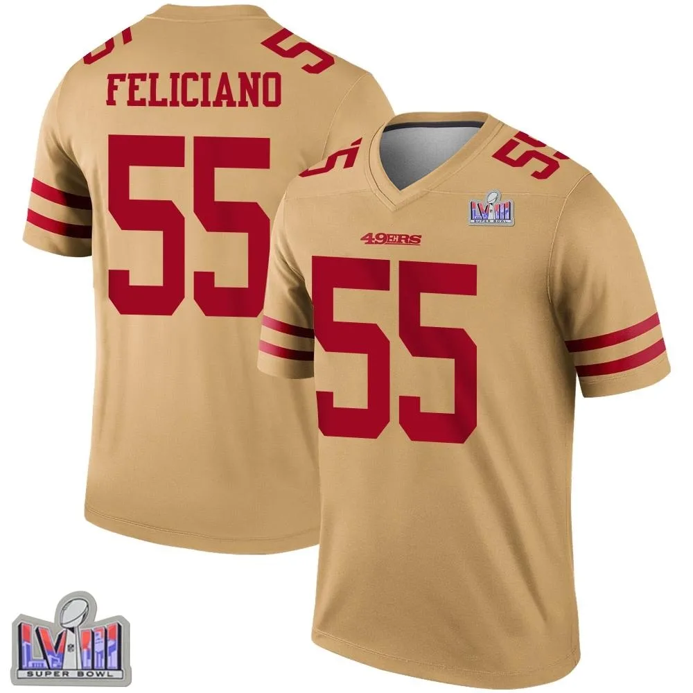 Youth San Francisco 49ers Jon Feliciano Nike Inverted Super Bowl LVIII Patch Legend Gold Jersey Youth San Francisco 49ers Jon Feliciano Nike Inverted Super Bowl LVIII Patch Legend Gold Jersey