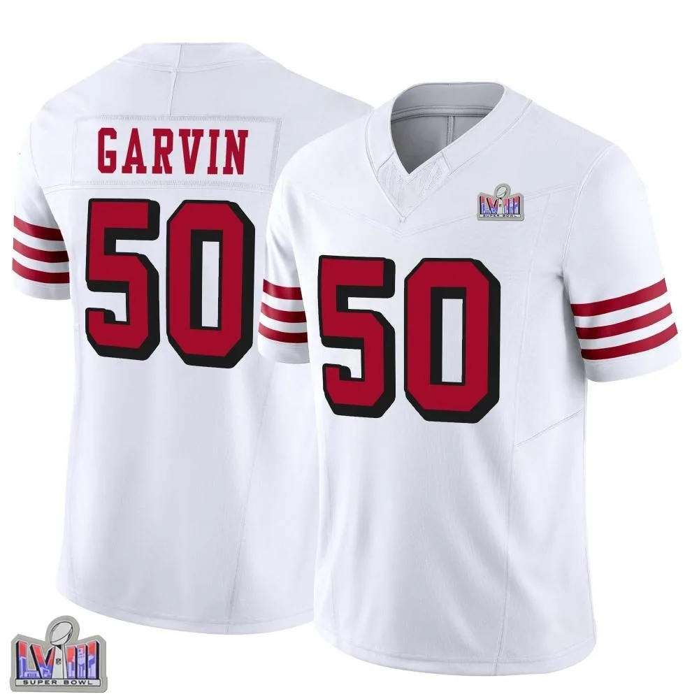 Men's San Francisco 49ers Jonathan Garvin Nike Alternate Vapor F.U.S.E. Super Bowl LVIII Patch Limited White Jersey Men's San Francisco 49ers Jonathan Garvin Nike Alternate Vapor F.U.S.E. Super Bowl LVIII Patch Limited White Jersey