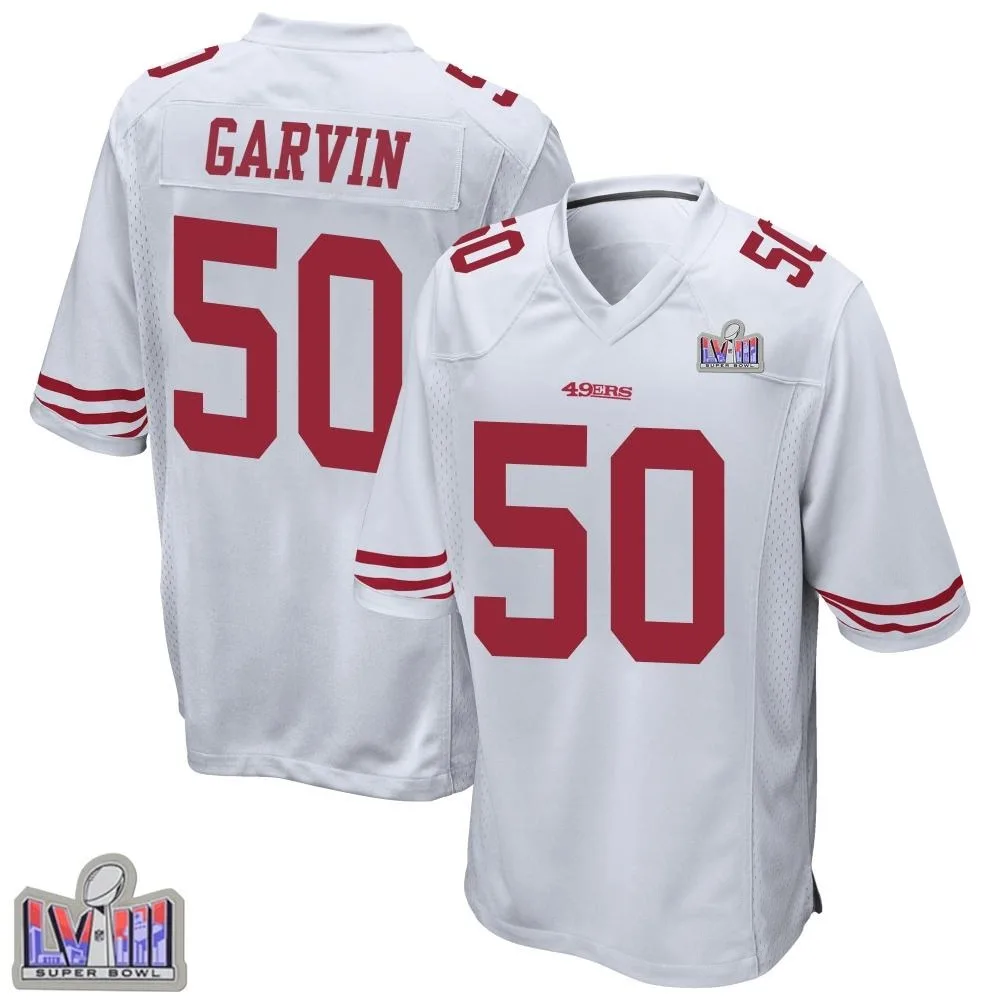 Men's San Francisco 49ers Jonathan Garvin Nike Super Bowl LVIII Patch Game White Jersey Men's San Francisco 49ers Jonathan Garvin Nike Super Bowl LVIII Patch Game White Jersey