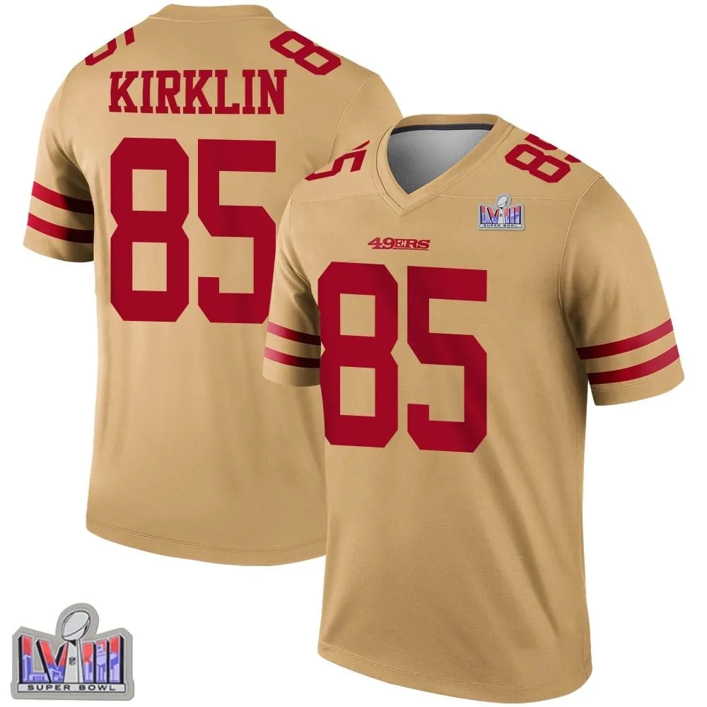 Men's San Francisco 49ers Jontre Kirklin Nike Inverted Super Bowl LVIII Patch Legend Gold Jersey Men's San Francisco 49ers Jontre Kirklin Nike Inverted Super Bowl LVIII Patch Legend Gold Jersey