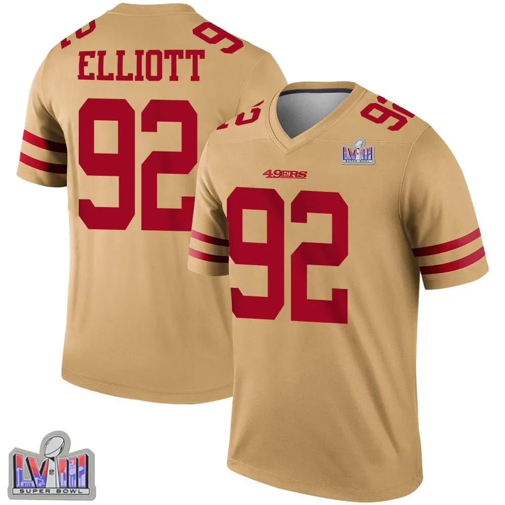 Men's San Francisco 49ers Jordan Elliott Nike Inverted Super Bowl LVIII Patch Legend Gold Jersey Men's San Francisco 49ers Jordan Elliott Nike Inverted Super Bowl LVIII Patch Legend Gold Jersey